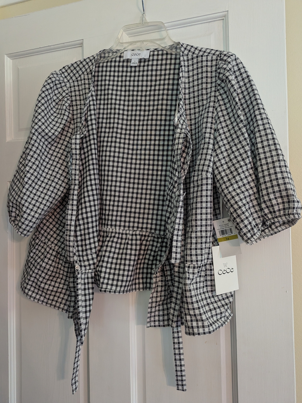 NWT Peplum CeCe Women's Black & White Gingham Tie-Front Top - Picture 3 of 6